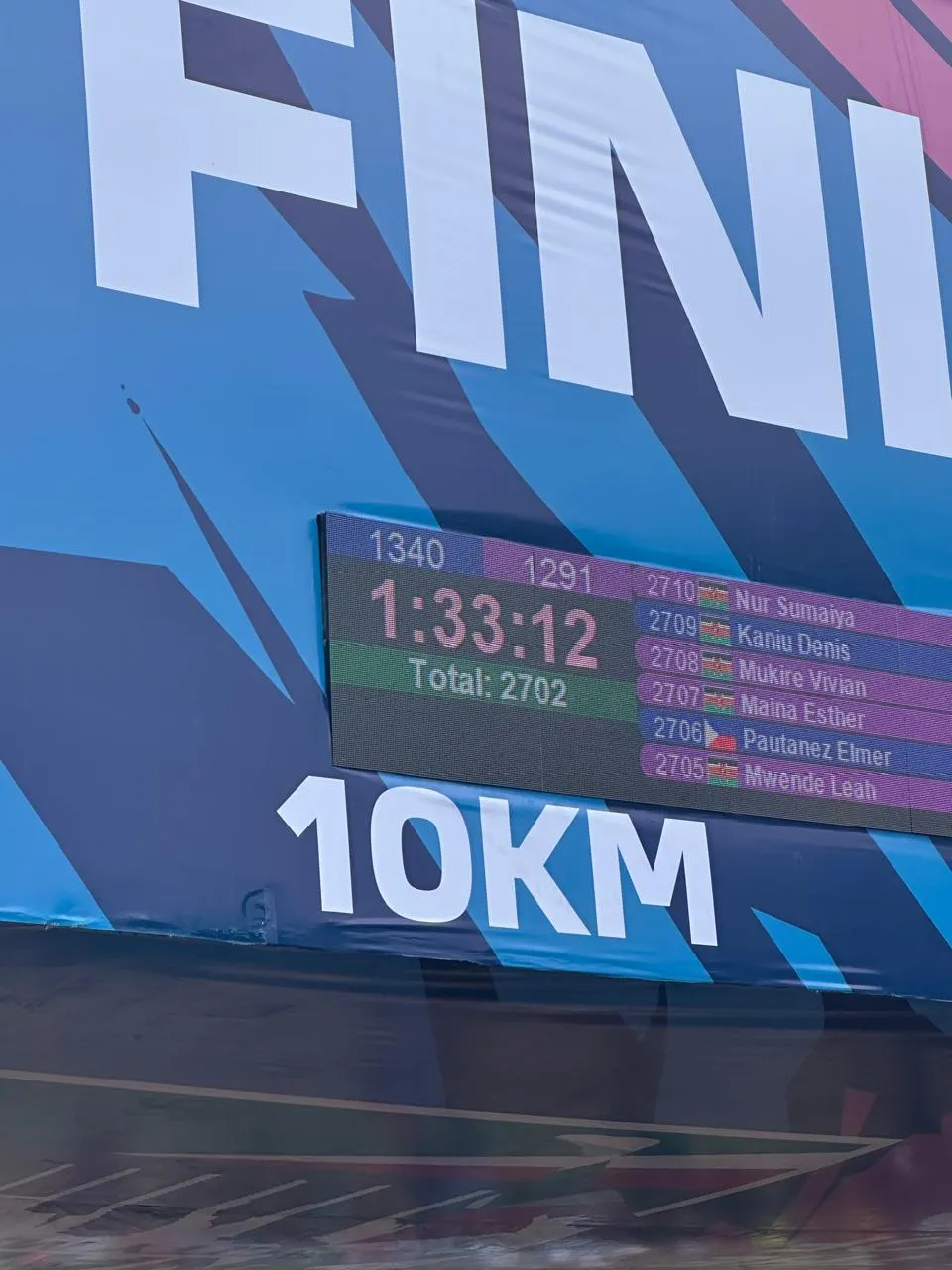 Nairobi City Marathon 10KM finish line scoreboard displaying a time of 1 hour 33 minutes 12 seconds