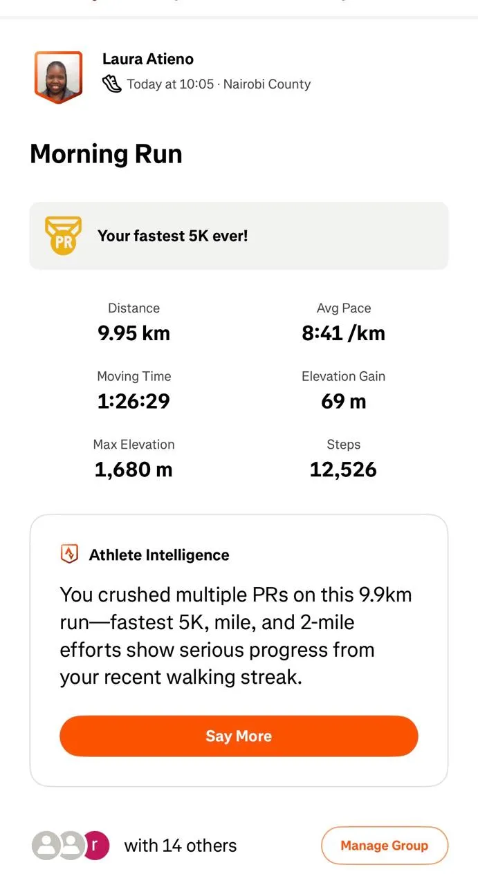 Strava activity summary showing Laura Atieno's 9.95KM morning run in Nairobi County, with 12,526 steps and a fastest 5K personal record